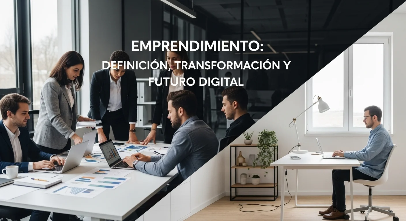 Una imagen conceptual que muestra la dualidad del trabajo híbrido, con una parte de una oficina colaborativa y otra parte de un home office eficiente, simbolizando la transformación digital en el entorno laboral.
