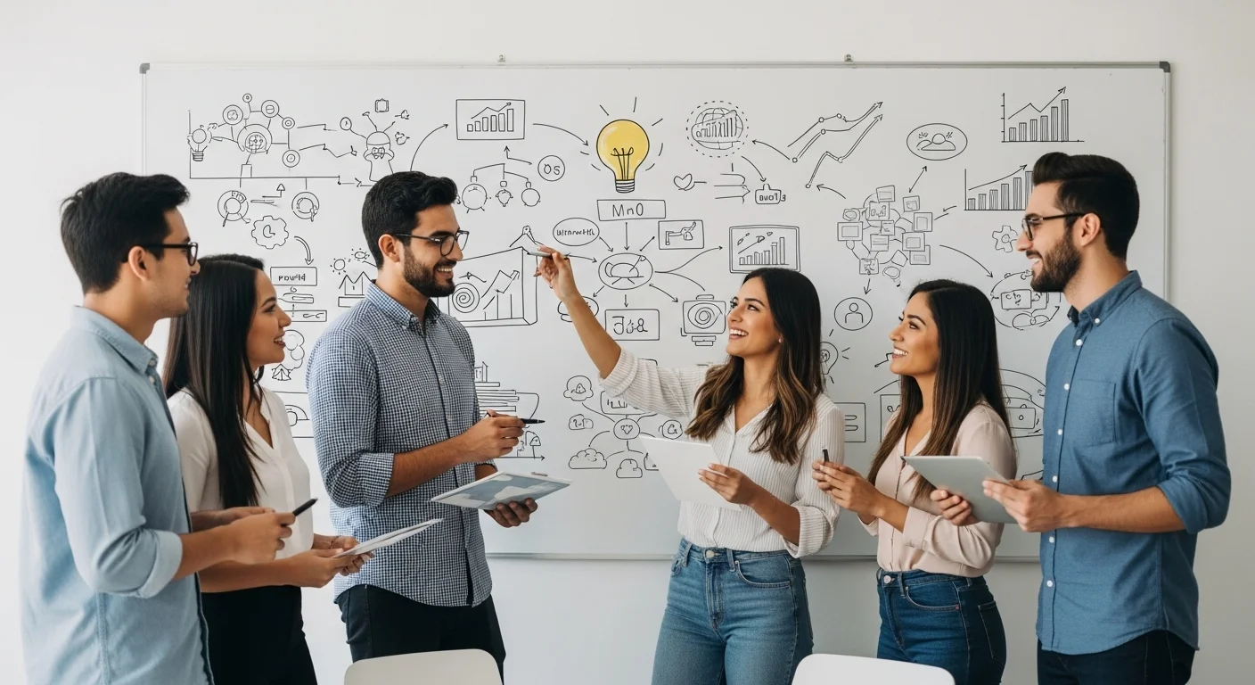Equipo de emprendedores mexicanos en una startup discutiendo estrategias de transformación digital frente a una pizarra con gráficos y diagramas de flujo.