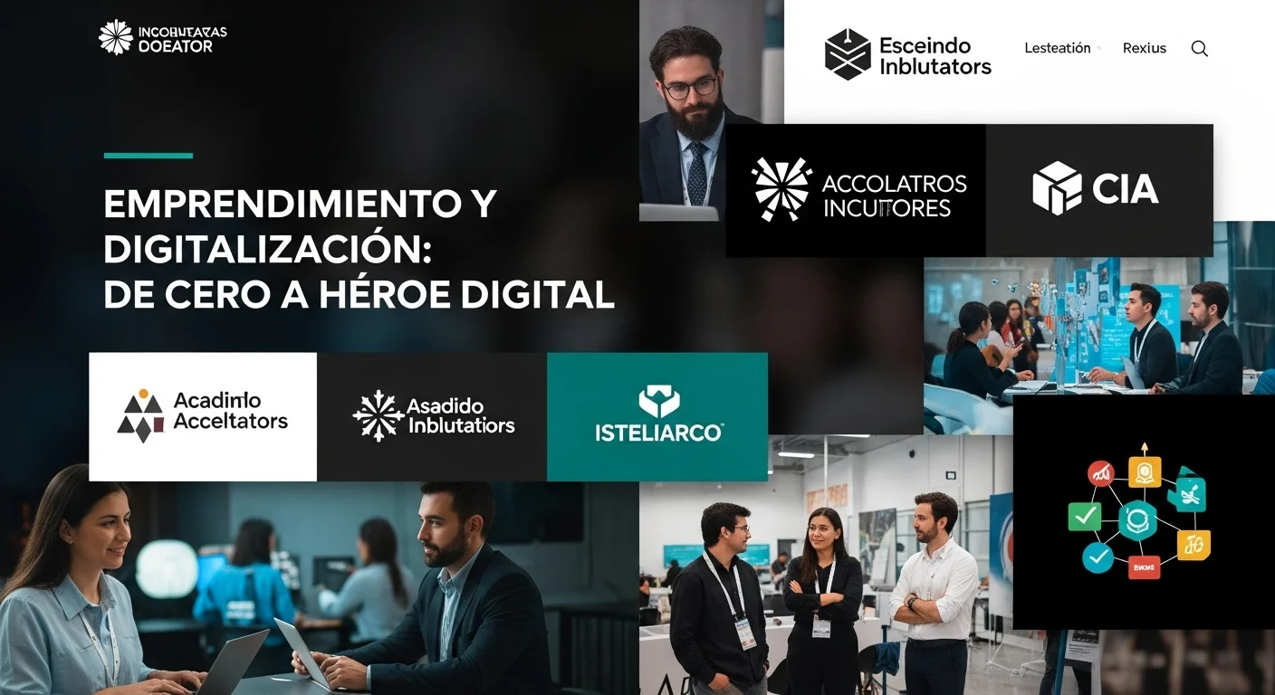 Collage de imágenes que representan el ecosistema de emprendimiento en México: logos de aceleradoras, gente en networking y tecnología, simbolizando la transformación digital.