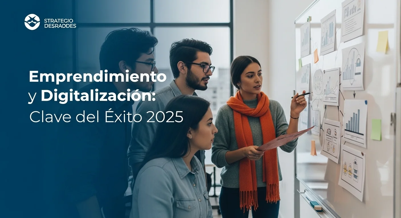 Equipo de una startup mexicana en una reunión de estrategia discutiendo la transformación digital de su empresa frente a una pizarra con diagramas.