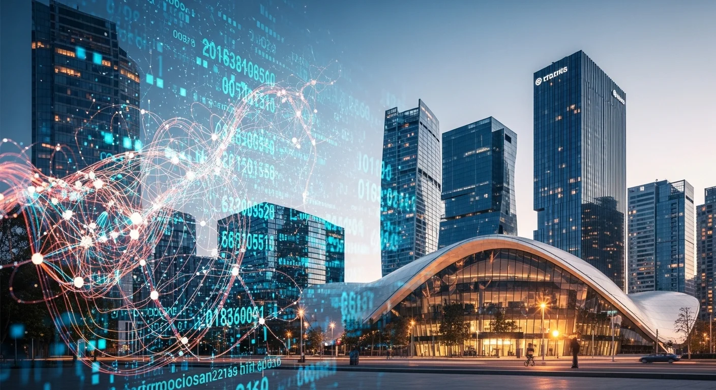 Gráficos abstractos de datos y redes neuronales superpuestos en una ciudad, representando la innovación y la transformación digital de las empresas.