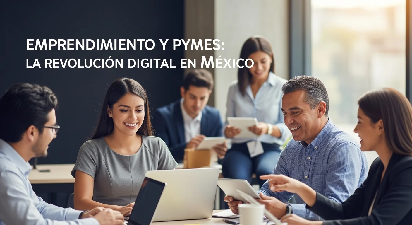 Un grupo diverso de emprendedores mexicanos colaborando en una oficina moderna, usando laptops y tablets para ilustrar la transformación digital de las Pymes