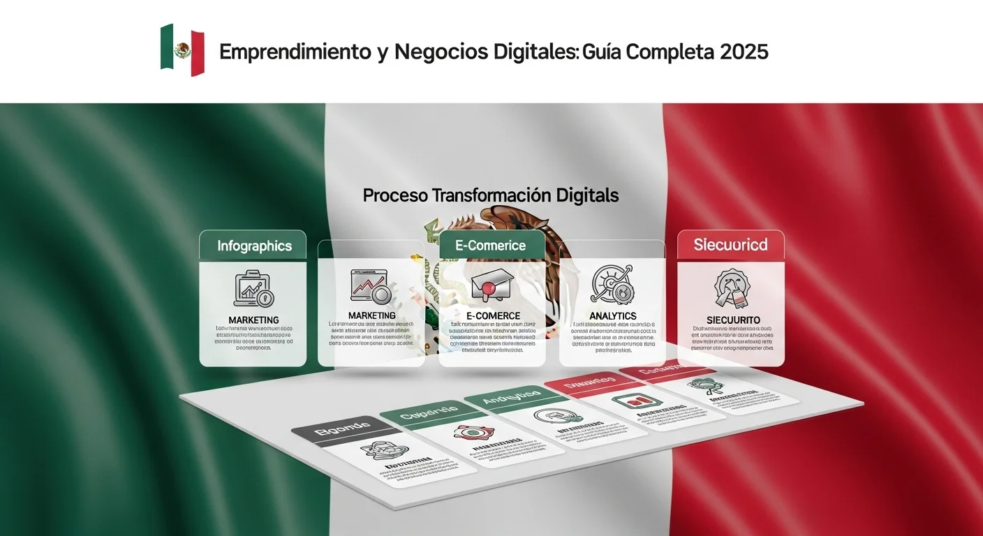 Infografía que ilustra el proceso de transformación digital de un negocio, mostrando iconos de marketing digital, e-commerce, análisis de datos y ciberseguridad, con la bandera de México de fondo para contextualizar el mercado de startups.