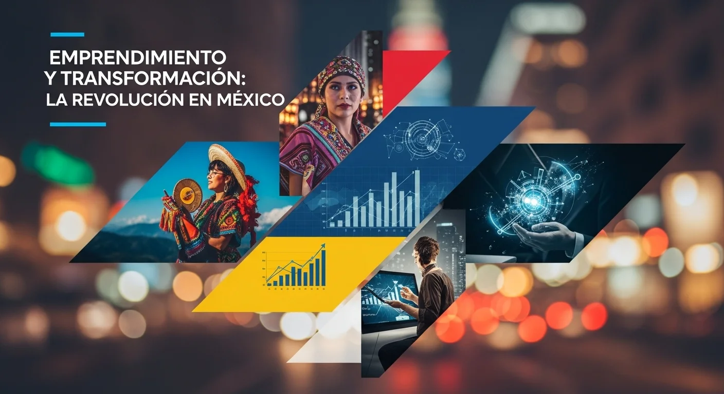 Collage de imágenes que simbolizan la transformación y el emprendimiento en México, con gráficos de crecimiento y tecnología.
