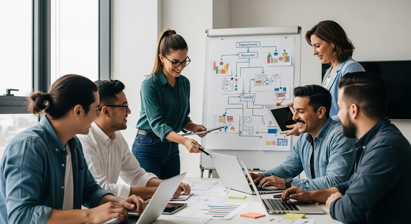 Un grupo diverso de emprendedores mexicanos colaborando en una oficina moderna, usando tecnología y pizarras con diagramas de flujo que simbolizan la transformación de las organizaciones.