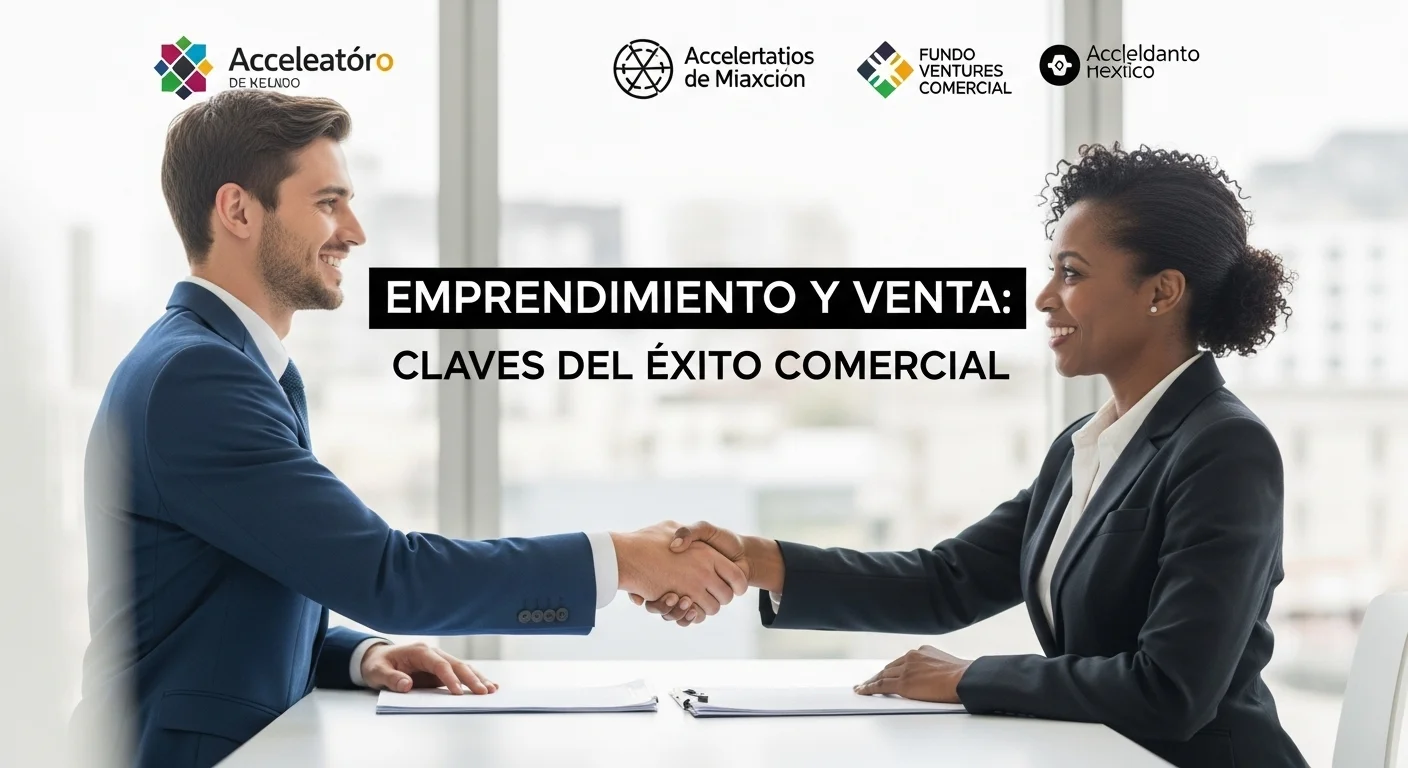 Un apretón de manos cerrando un trato de venta de una empresa, con logos de aceleradoras y fondos de inversión mexicanos en el fondo.