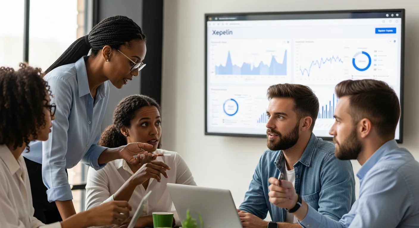 Equipo de emprendedores en una oficina moderna discutiendo estrategias de crecimiento, con gráficos de Xepelin en la pantalla.